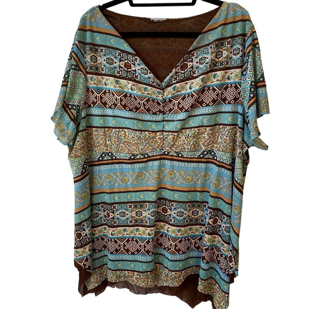 Women Asymmetrical Tunic Top Size 2X Brown Teal Layered Y2K Forest Fairy Paisley